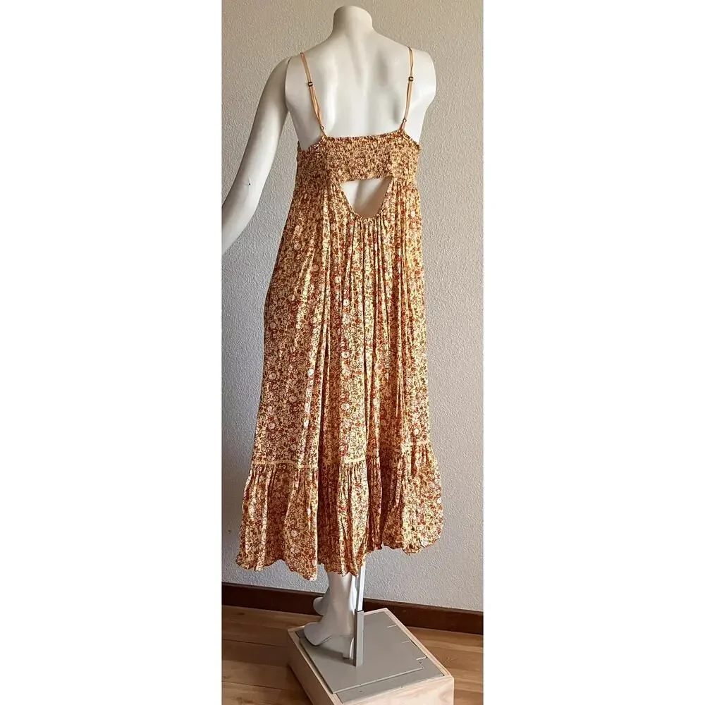 Free People Molly Jo Floral Maxi Dress Womens XL Smocked Open Back Boho